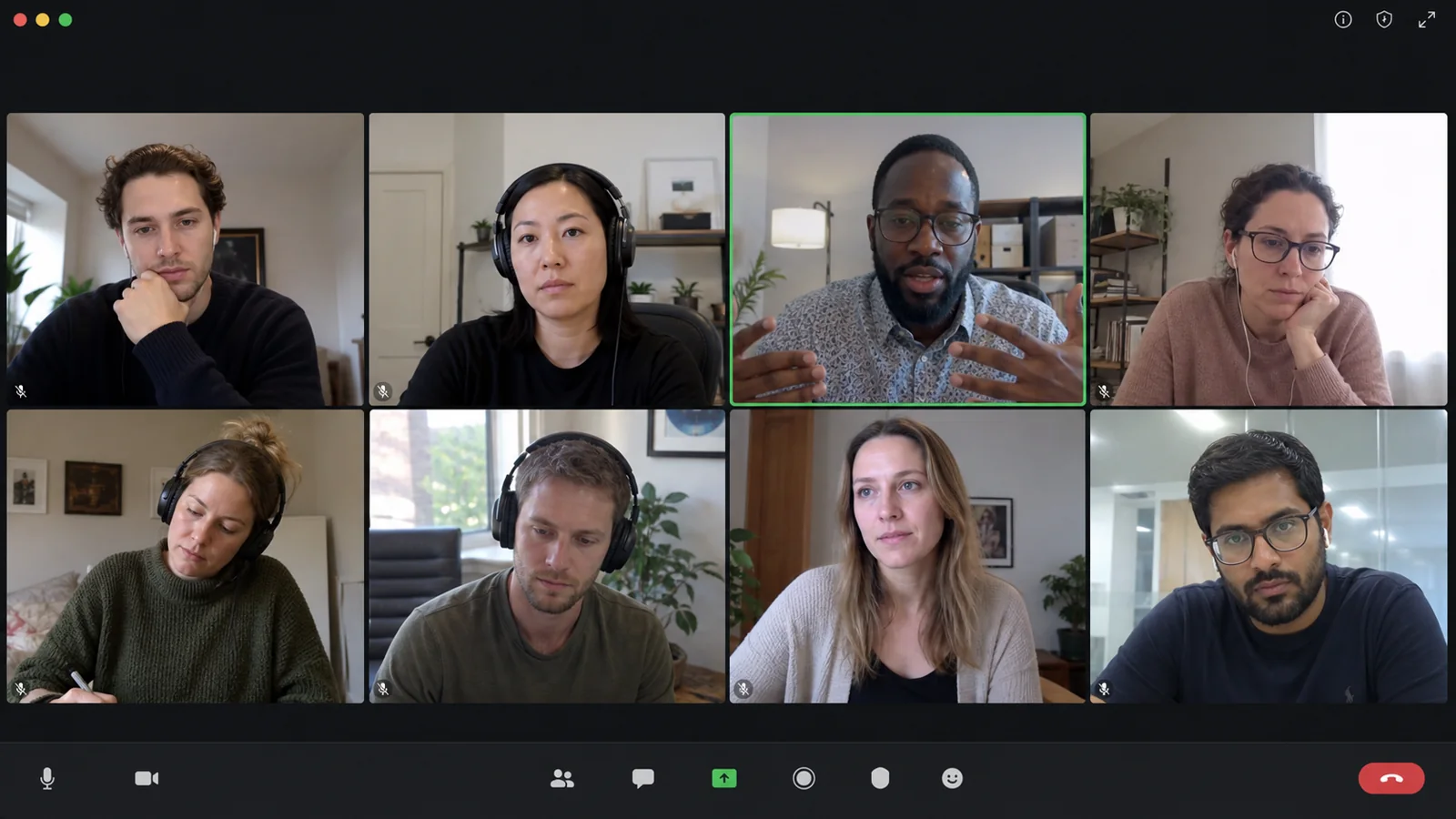 Восемь специалистов обсуждают рабочий вопрос на видеосозвоне